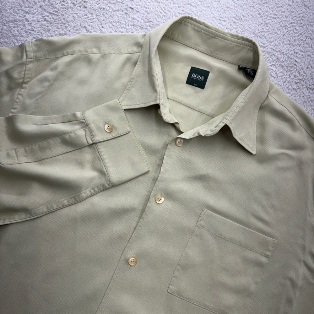 Hugo Boss Golf Mens XL Silk Button Down Shirt Khaki Olive Green Long Sleeve